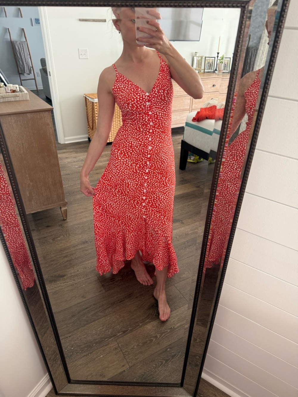SHEIN Red Spotted V-Neck Button-Front Midi Dress